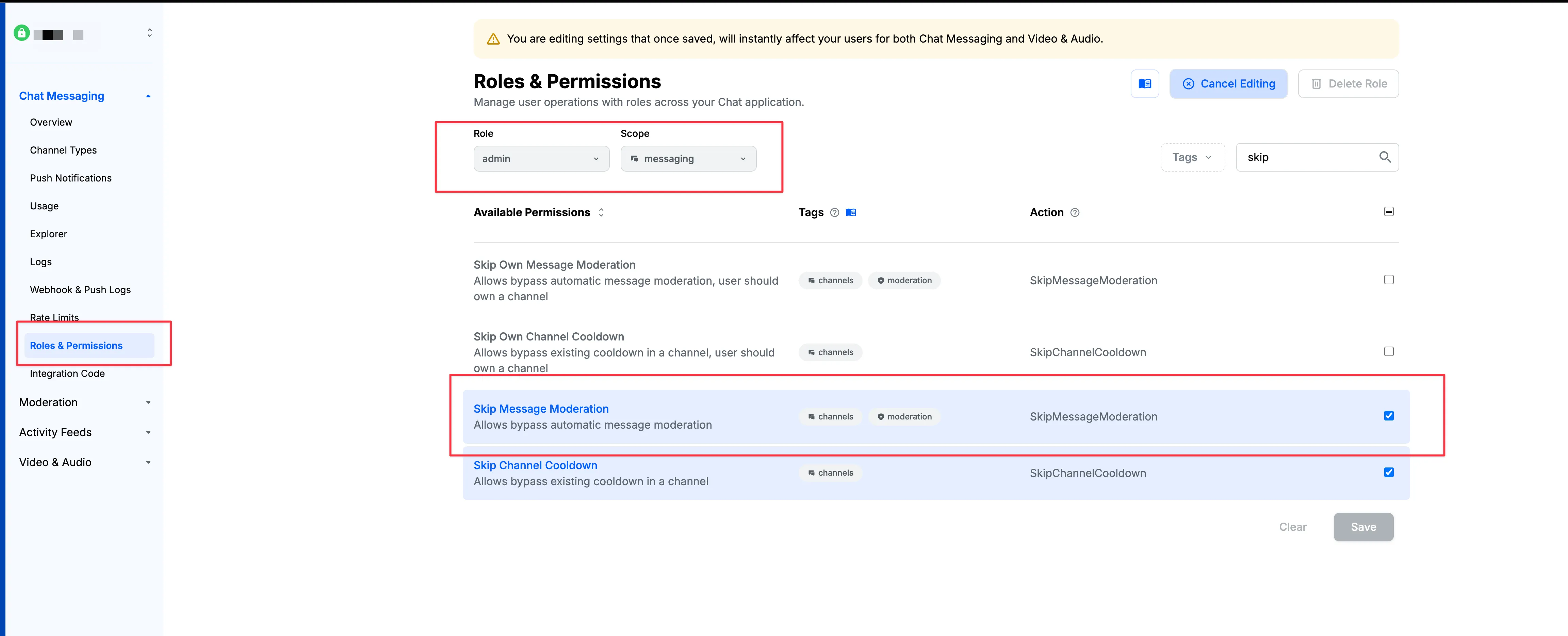 Roles & Permissions page showing Skip Message Moderation checked