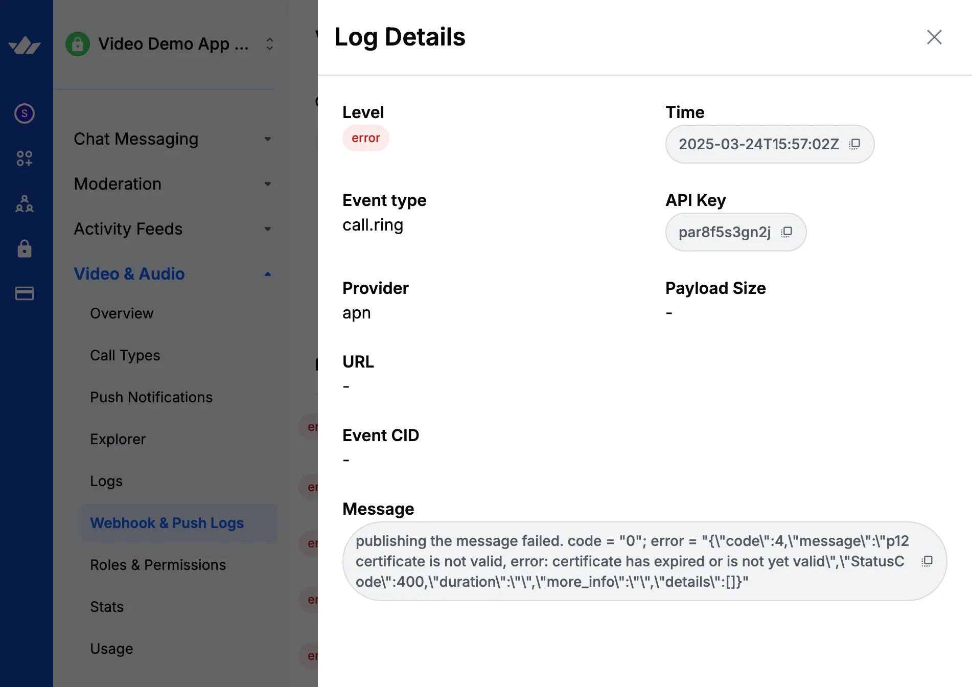 Preview of the dashboard push error log item popup