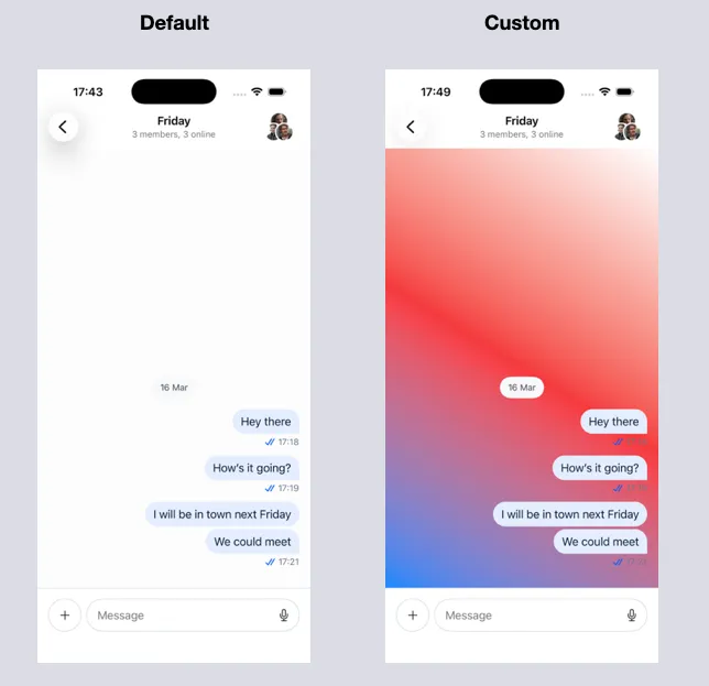 Comparison of the default Message List background compared to a custom implementation.