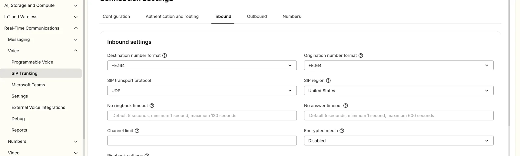 Setting +E.164 number format for destination and origination