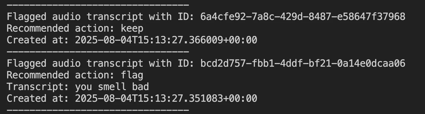 Terminal output when querying the review queue, containing references to utterances by the speaker