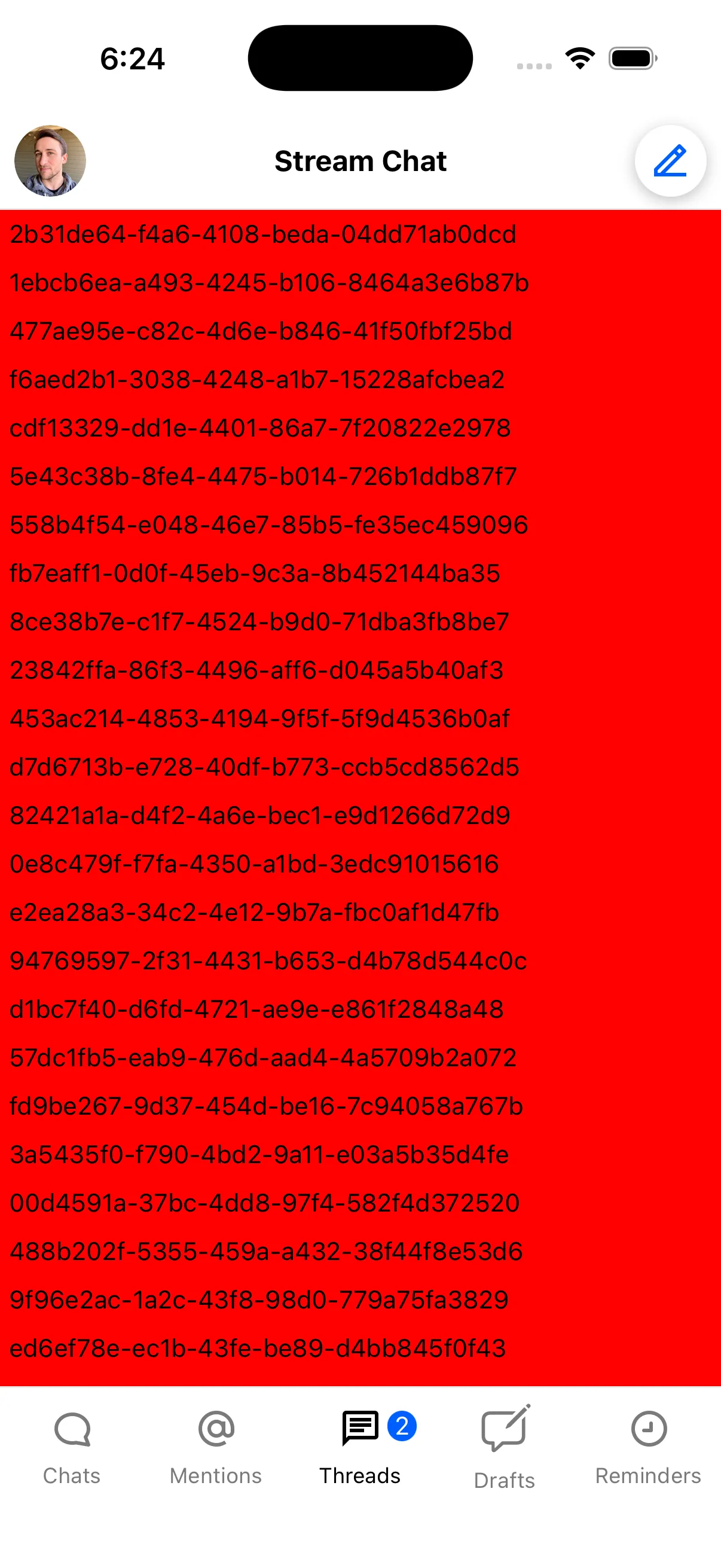 Thread list with custom items showing thread IDs