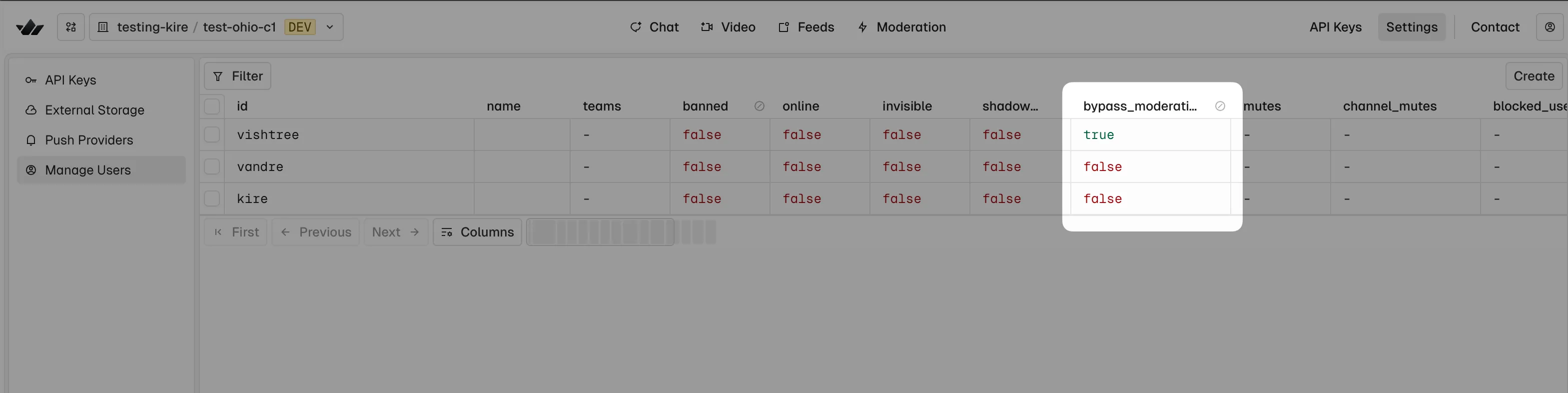Settings Users page showing bypass_moderation column
