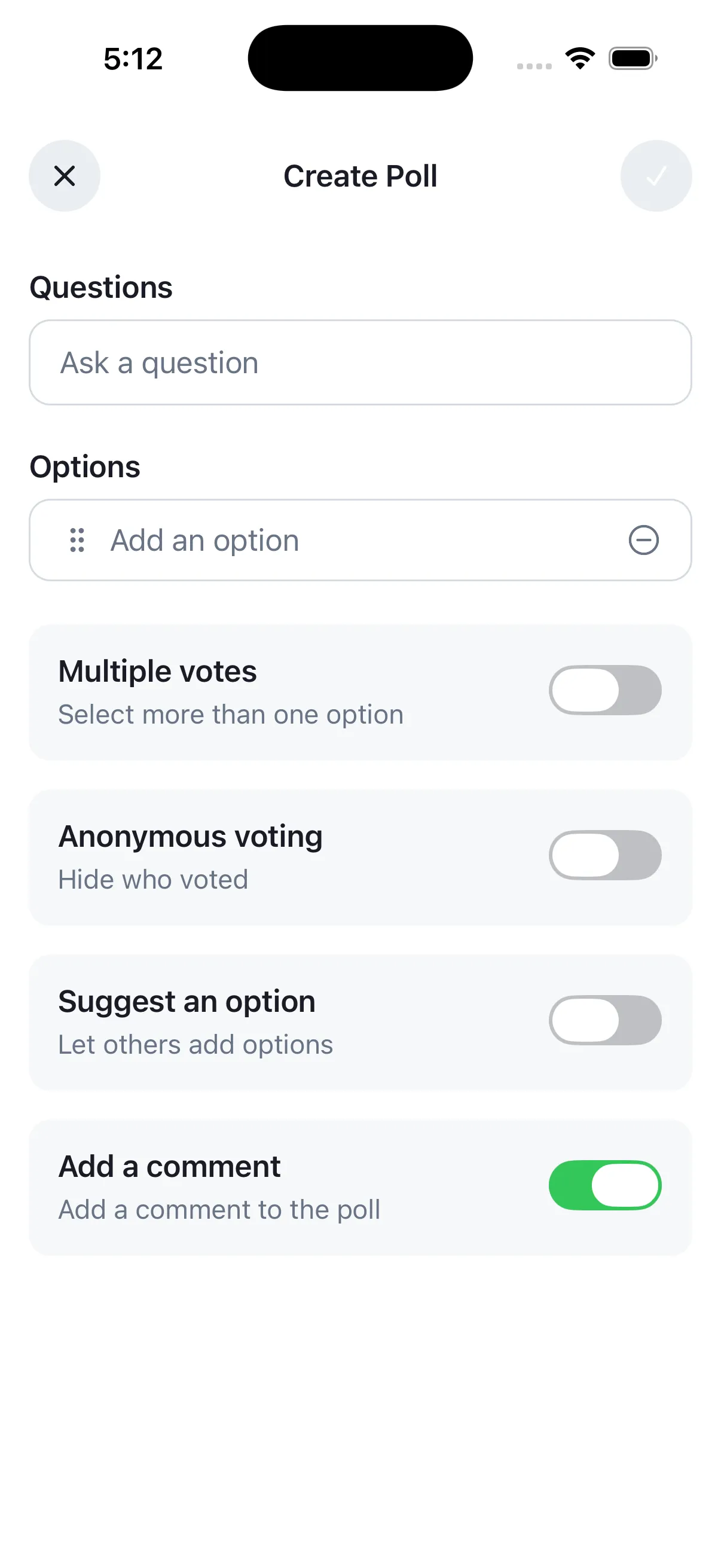 Poll creation with comments enabled