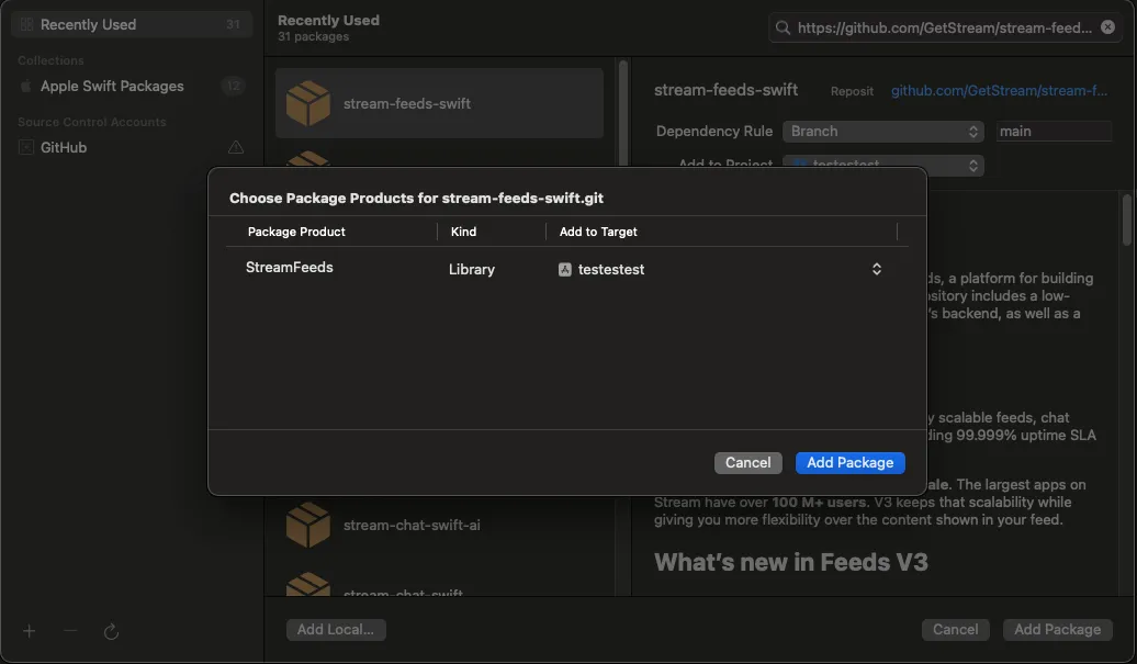 Screenshot shows selection of dependencies