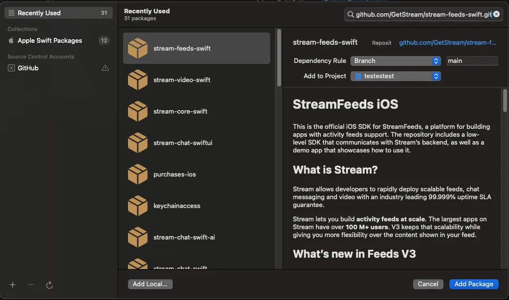 Screenshot shows how to add the SPM dependency