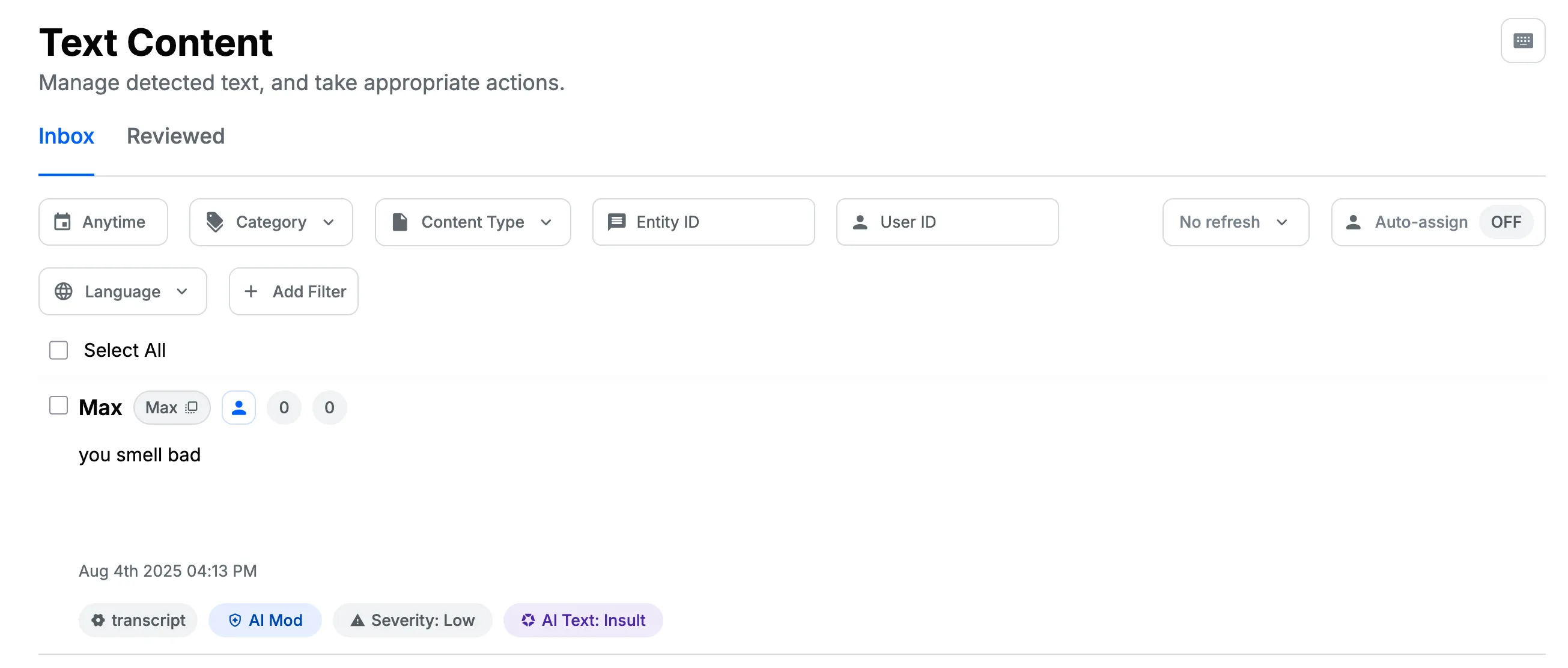 Screenshot from the Stream dashboard when querying the review queue, containing references to utterances by the speaker