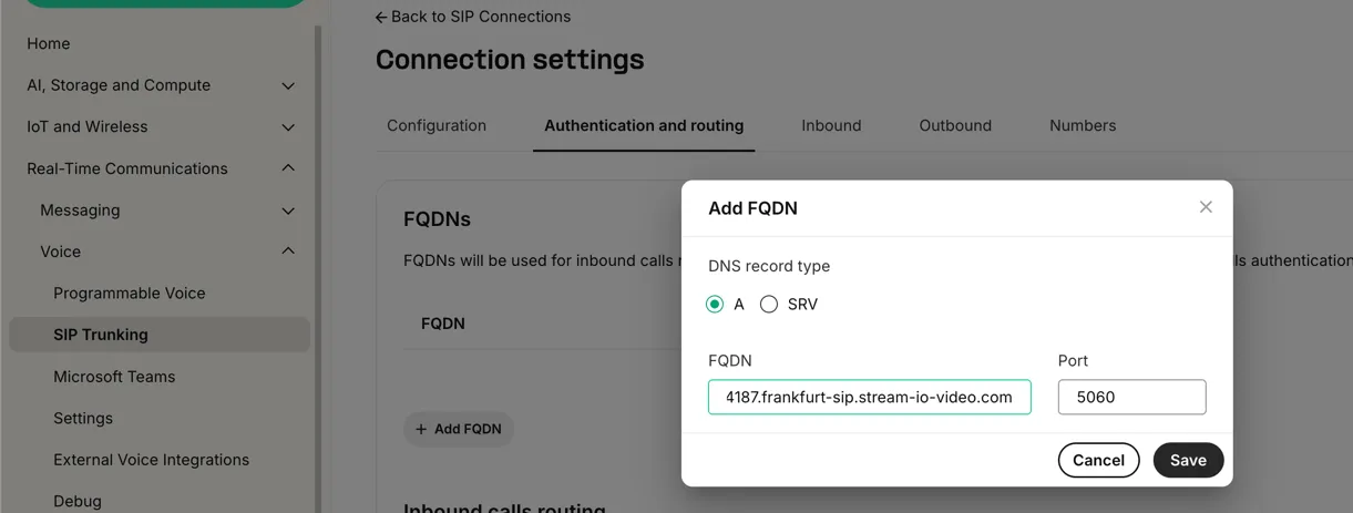 Adding FQDN credentials from the GetStream dashboard
