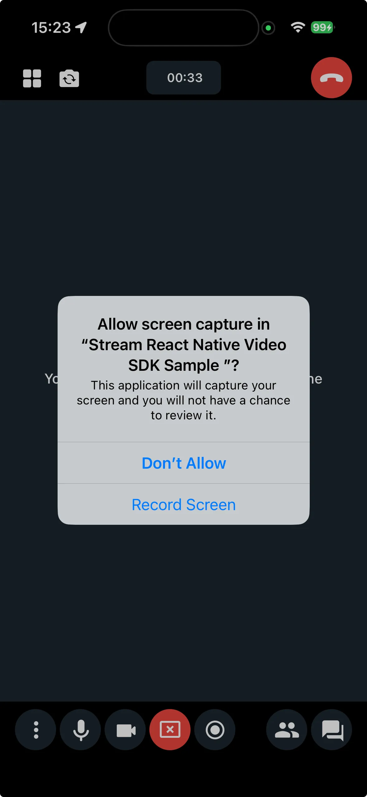 iOS in-app preview of the Screen Sharing Permission