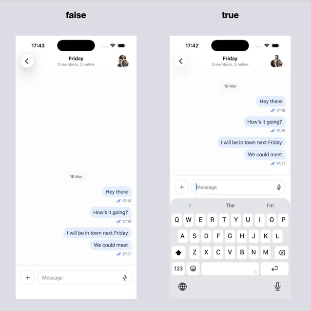 The state of entering the chat channel screen when either of the two options for becomesFirstResponderOnOpen are set.