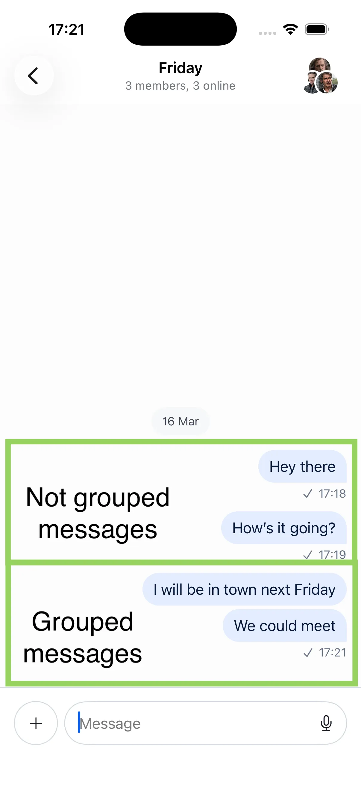 Examples of grouped an non-grouped messages.