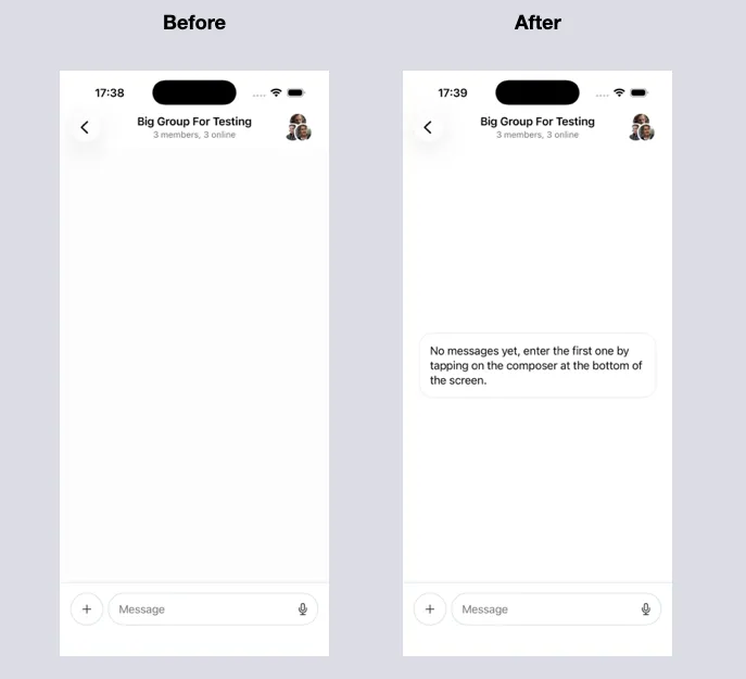 Comparison of the default look of the empty message list and the custom example shown in the code above.