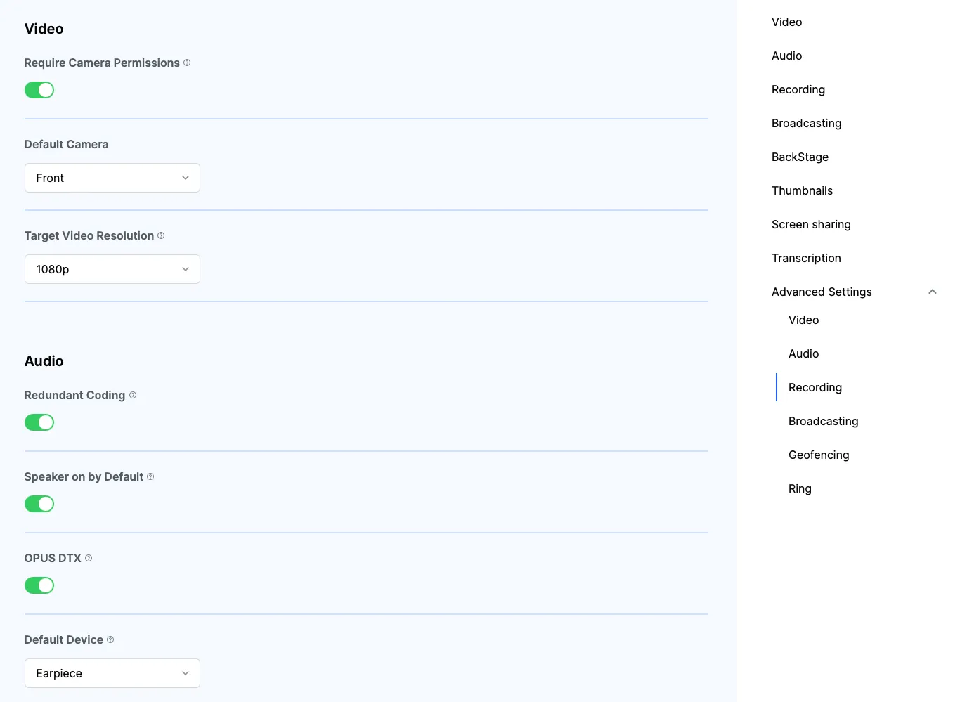 Advanced settings dashboard