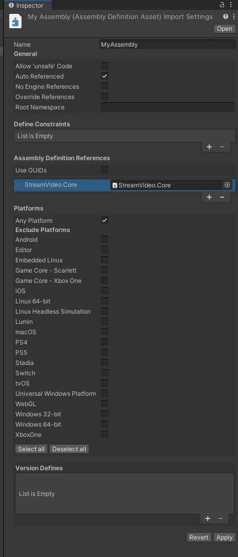 Add reference to StreamVideo.Core assembly in your assembly definition