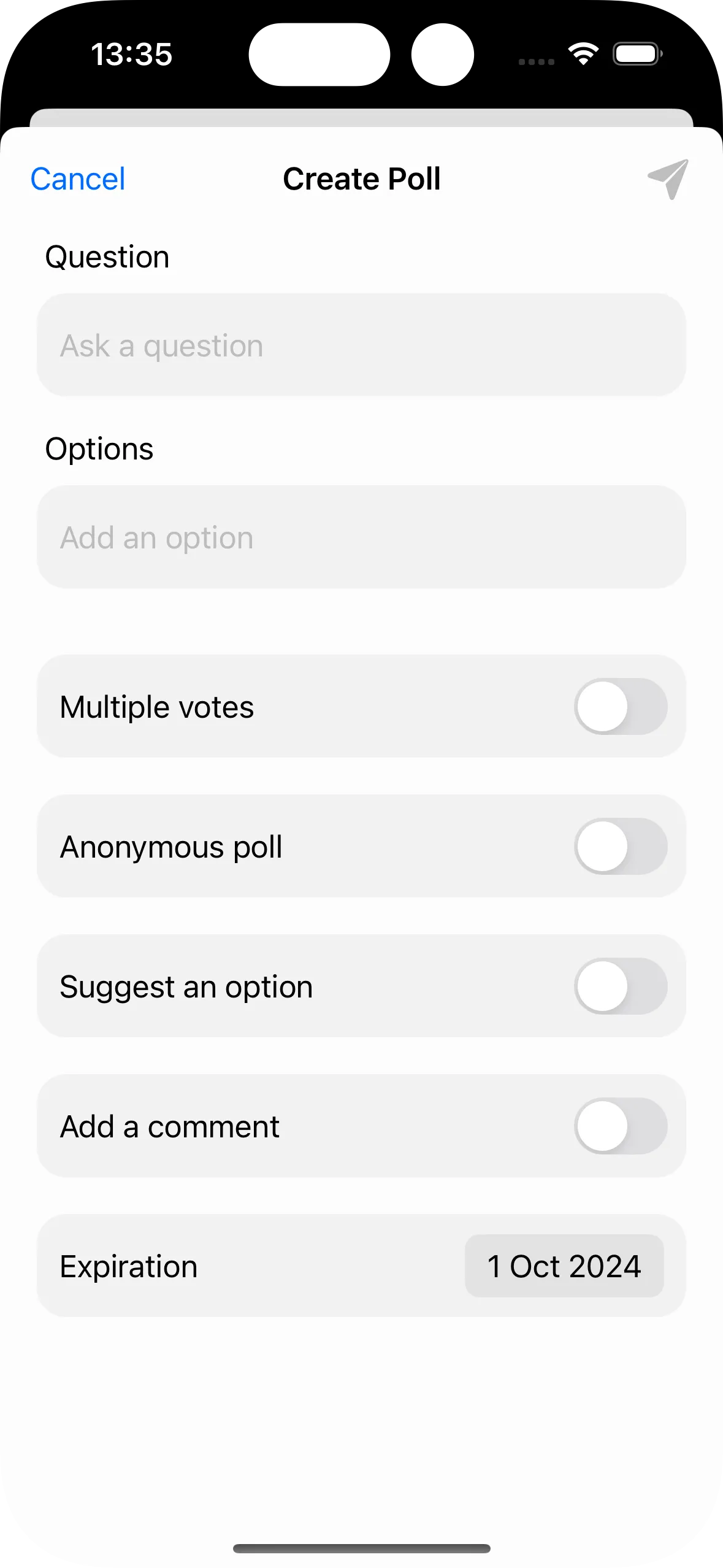 Screenshot showing custom poll creation view