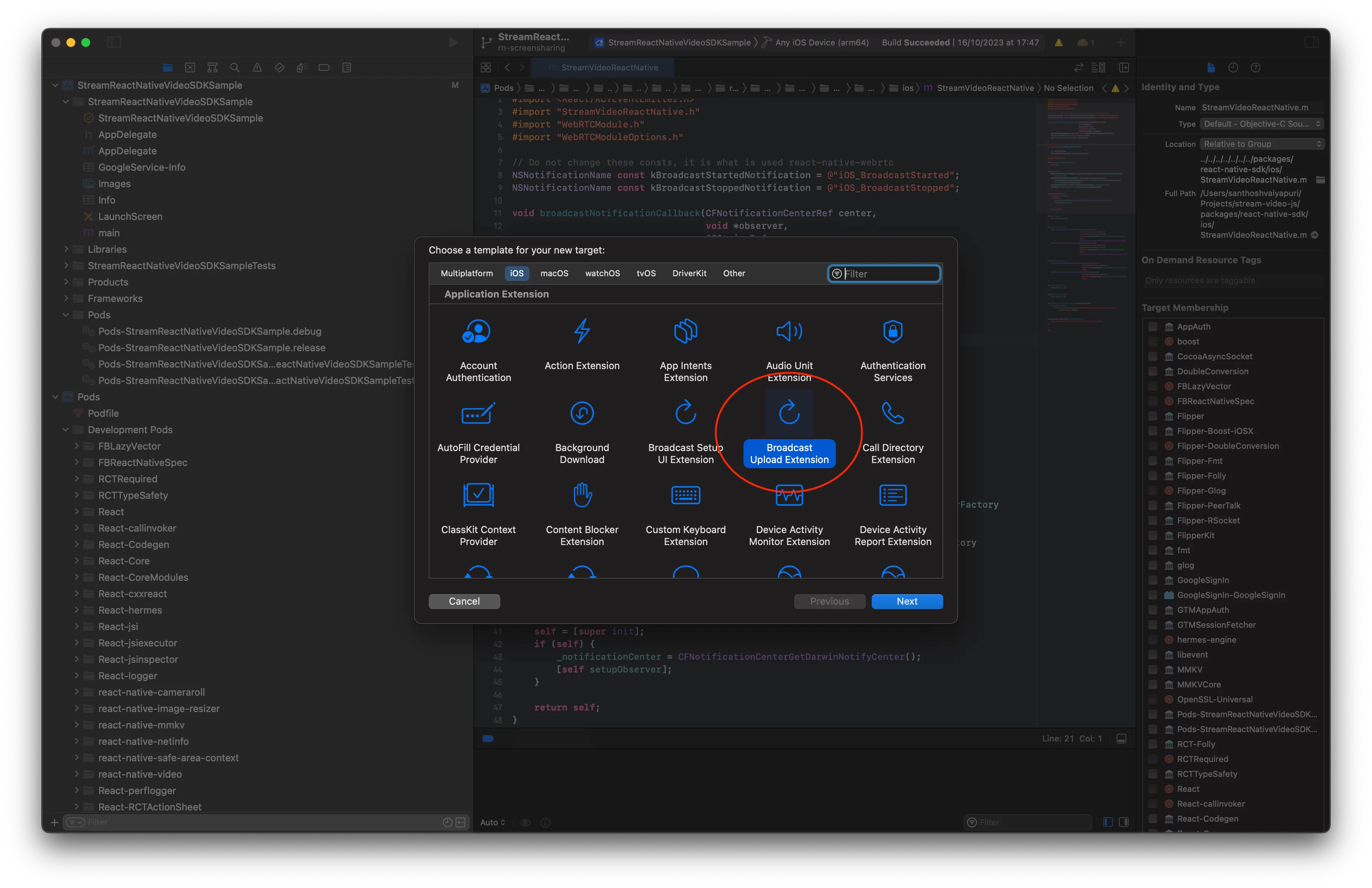 Preview of choosing broadcast upload extension target