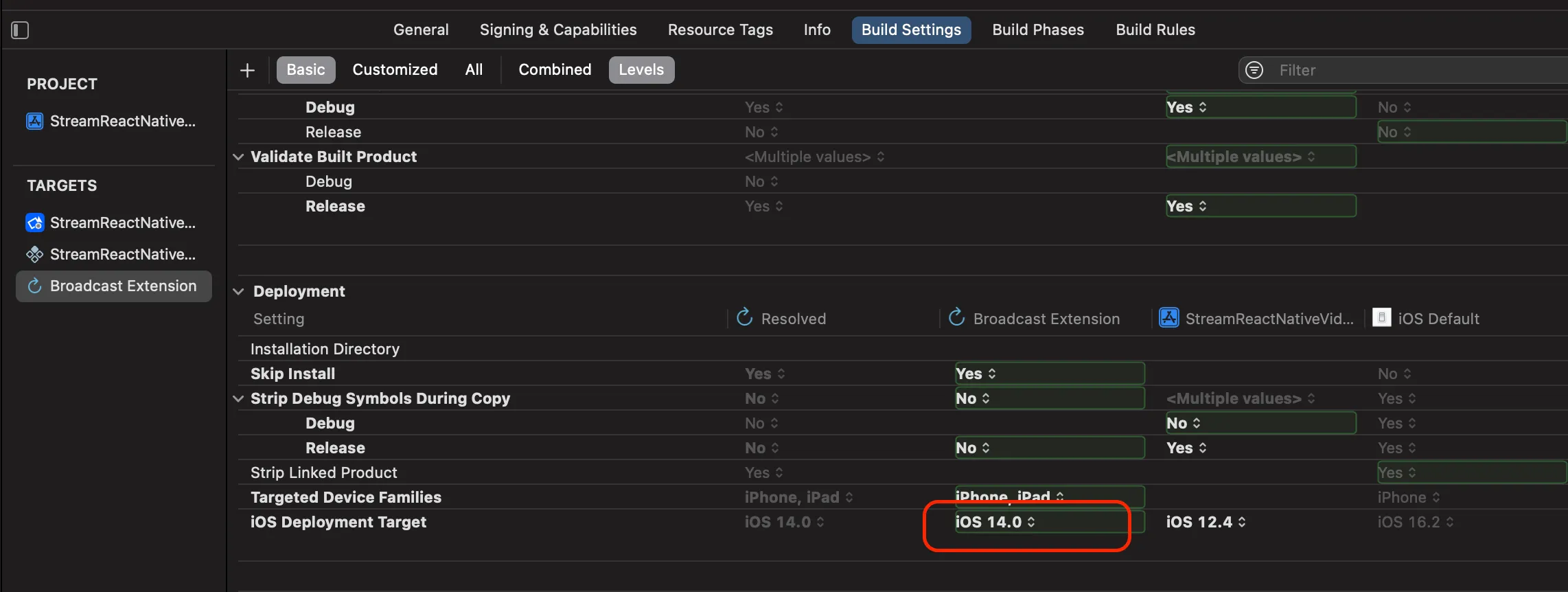 Preview of iOS deployment target of the broadcast extension