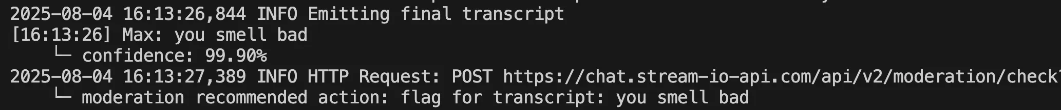 Terminal output of an "insult" sentence, the Moderation API recommends flagging the text for review