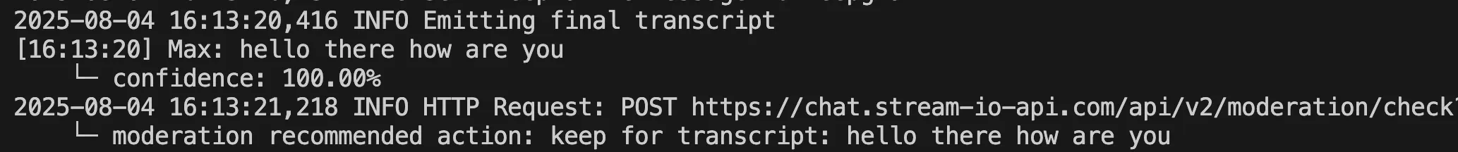 Terminal output of a "non-offensive" sentence, the Moderation API recommends keeping the text and taking no action