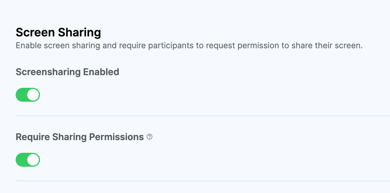 Screenshot shows screensharing dashboard setting
