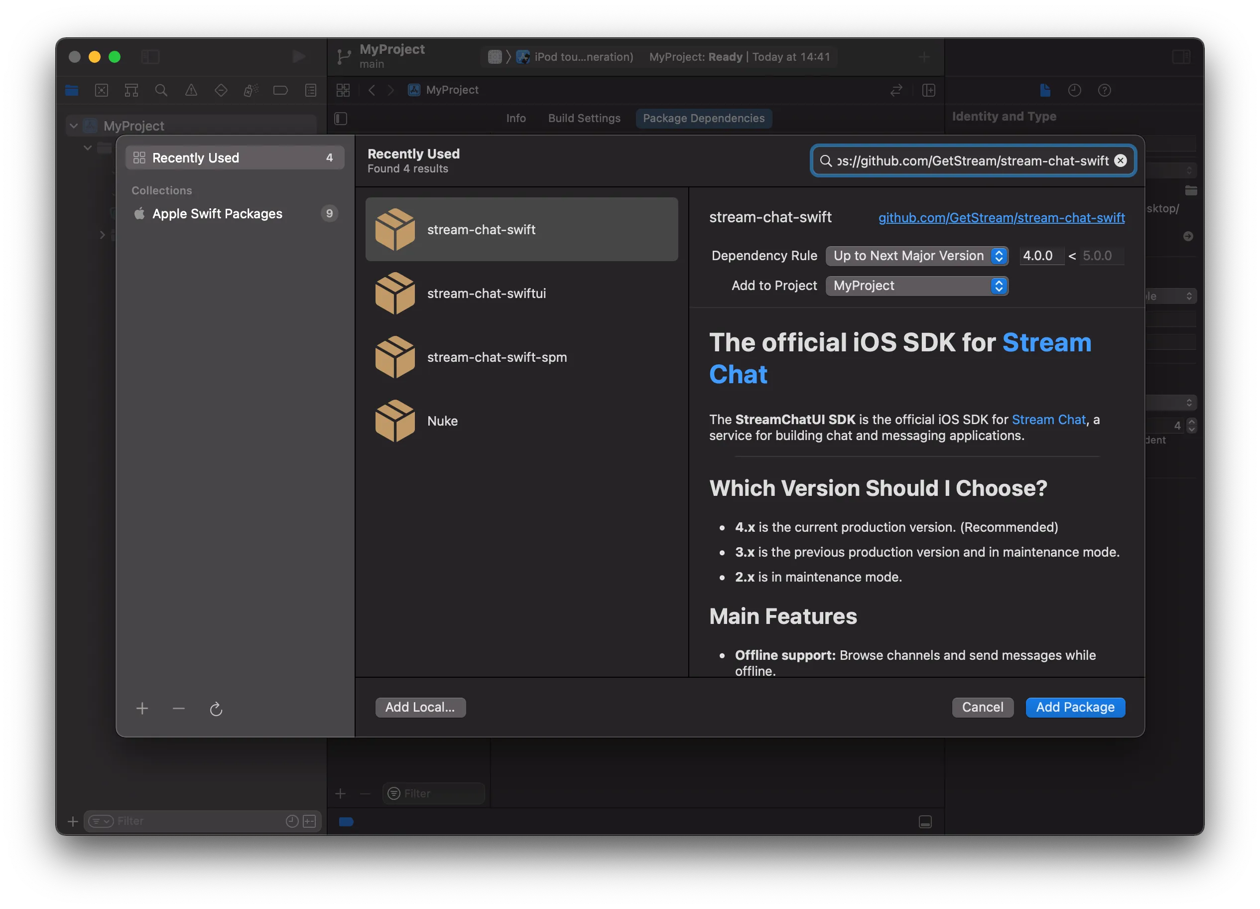 Screenshot shows an Xcode screen selecting a dependency version and an Xcode screen downloading that dependency