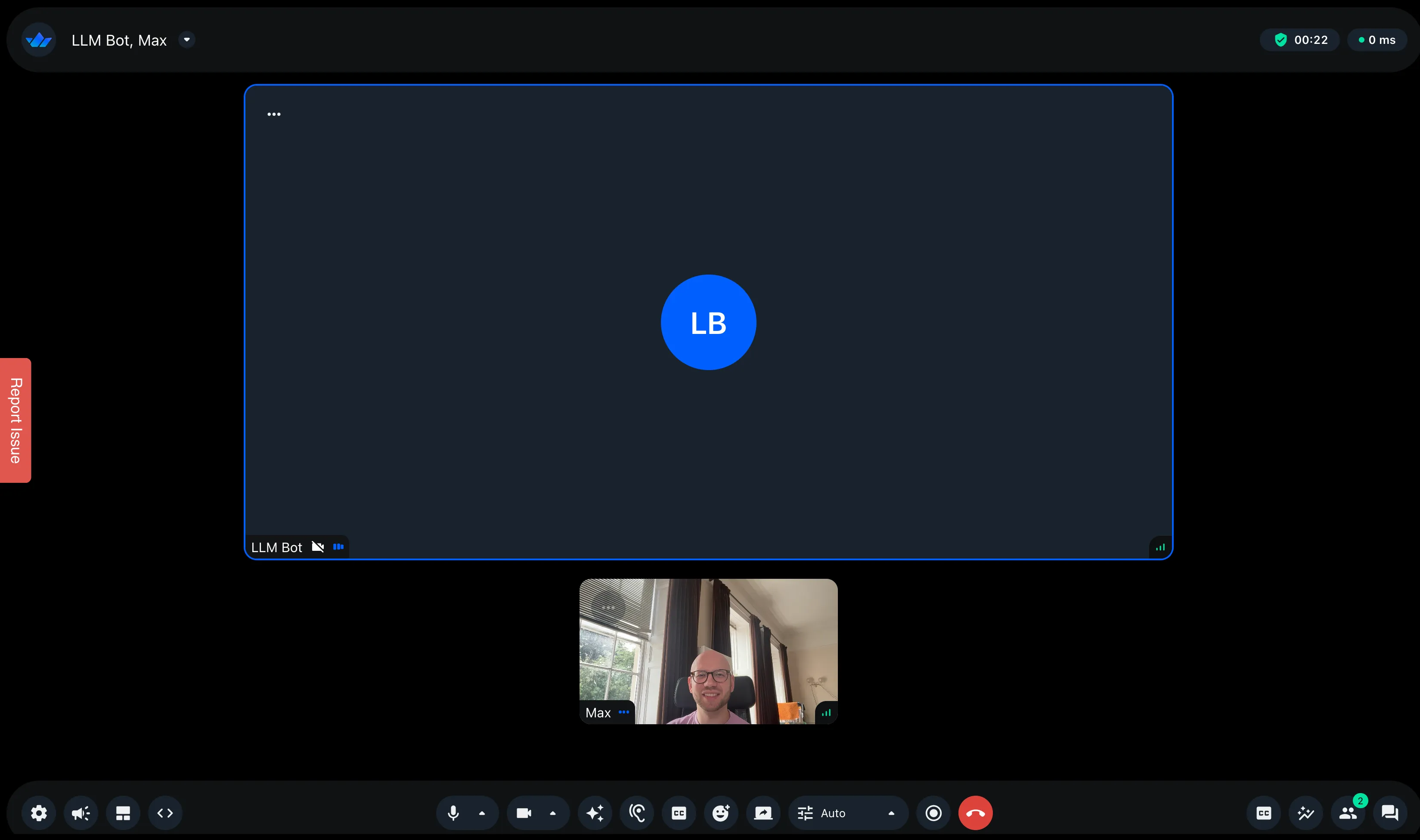 Screenshot of a video call between a bot and a developer