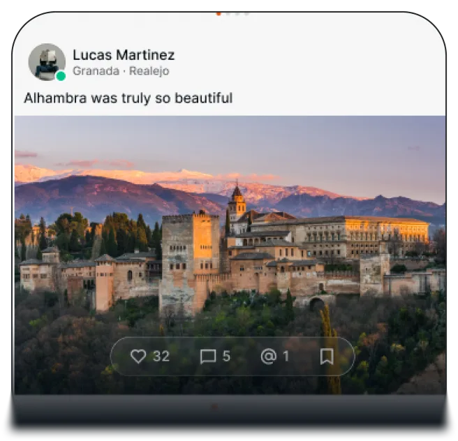 Timeline feed: a social post with location, photo, and engagement counts