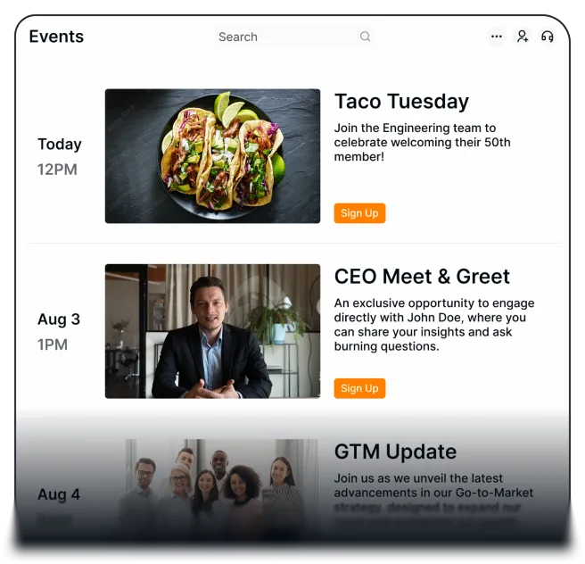 Activity feed showing a timeline of events and activities