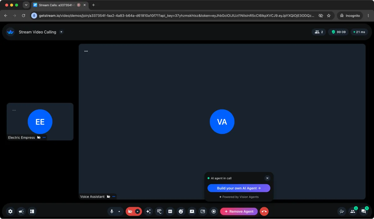 The demo call UI with the user and the Voice Assistant agent