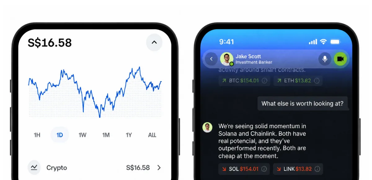 Investment and chat interface showing a portfolio balance alongside an AI chat conversation about crypto holdings