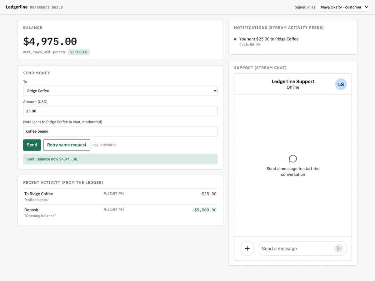 Ledgerline screenshot after Maya sends $25 to Ridge Coffee, showing the updated balance and ledger-derived activity list