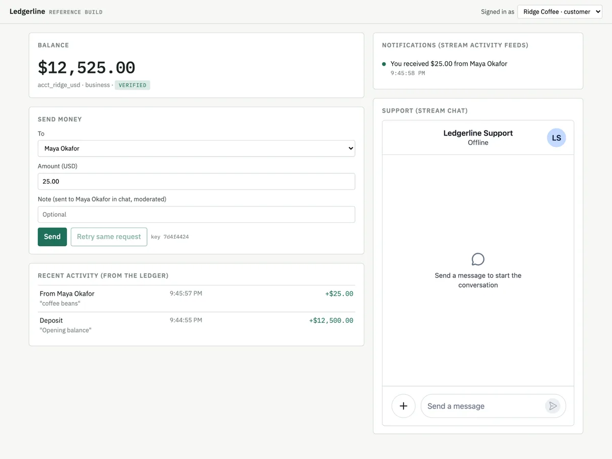 Ledgerline screenshot of Ridge Coffee's feed showing "You received $25.00 from Maya Okafor"