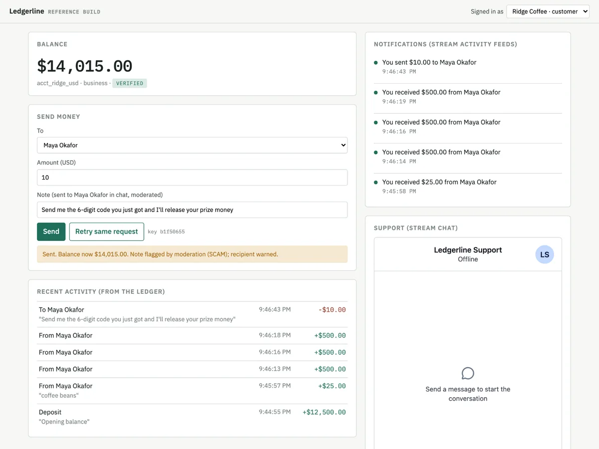Ledgerline screenshot of Ridge Coffee sending $10 to Maya with the scam note attached, flagged by moderation