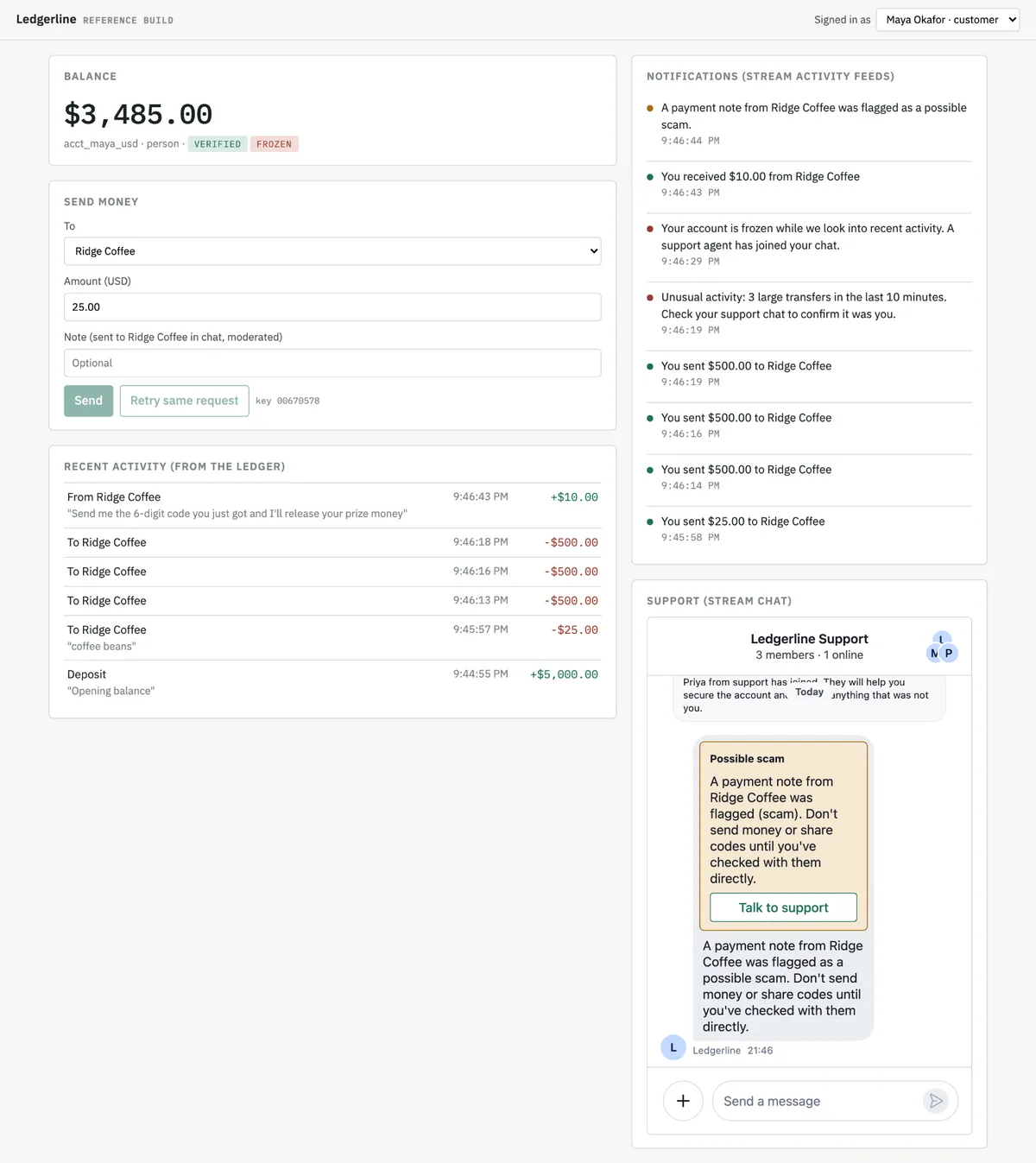 Ledgerline screenshot of Maya's feed and support chat showing the scam warning after receiving Ridge Coffee's note