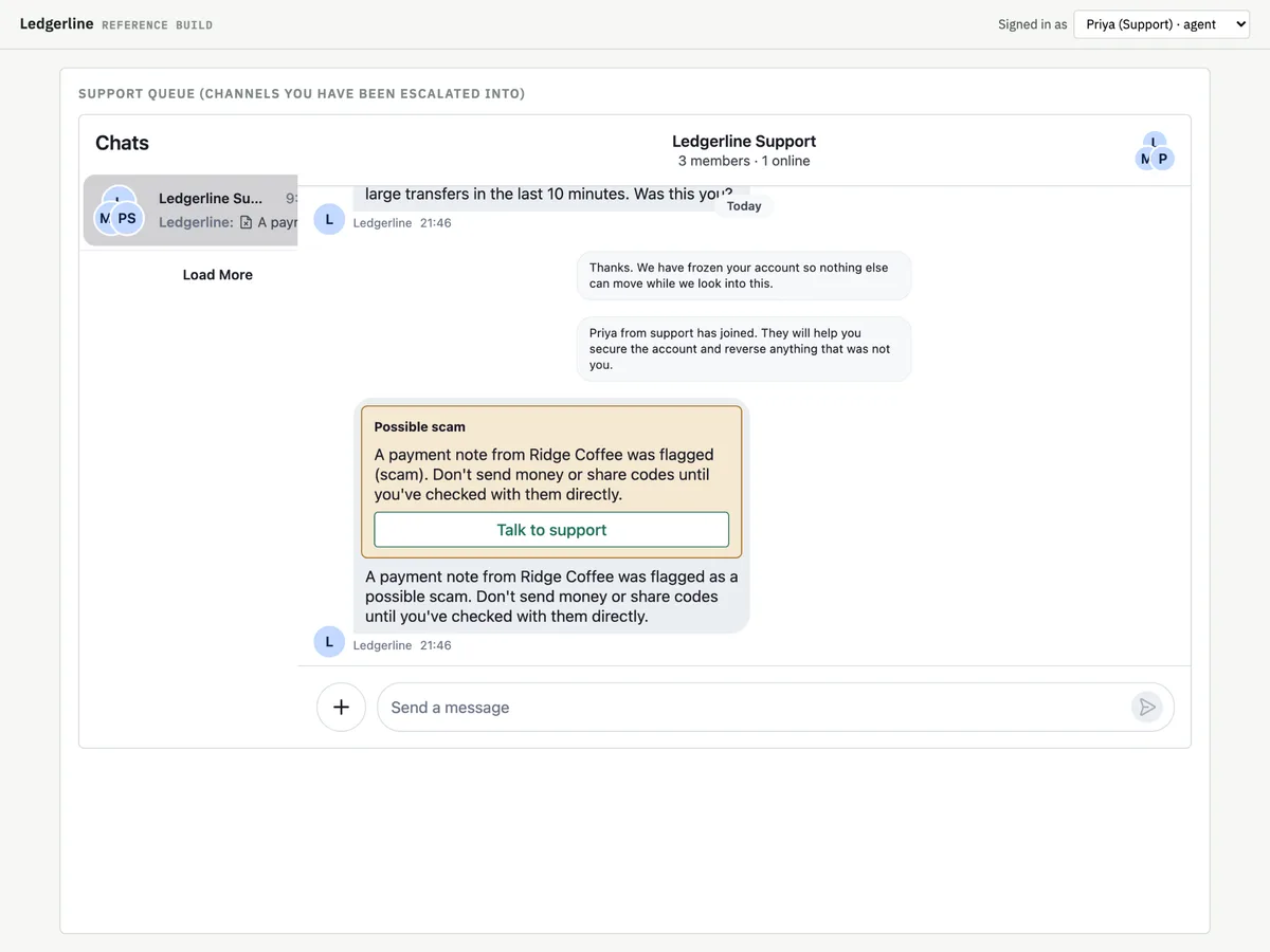 Support agent view showing the escalated chat in the support queue with a possible-scam card