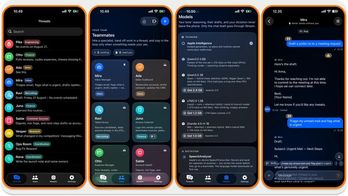 StreamBot app screens showing the Threads list, the Team grid of AI teammates, the Models list of on-device AI models, and a chat with the Mira bot