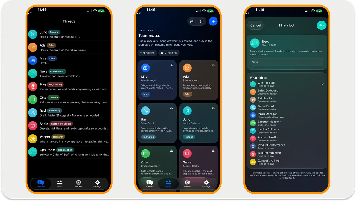 StreamBot app screens showing the Threads list, the Team grid of seeded bots, and the Hire a bot modal for Nova