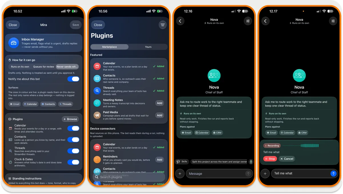 StreamBot app screens showing the Mira bot's settings and plugins, the plugins marketplace, and Nova chat screens including a voice recording prompt