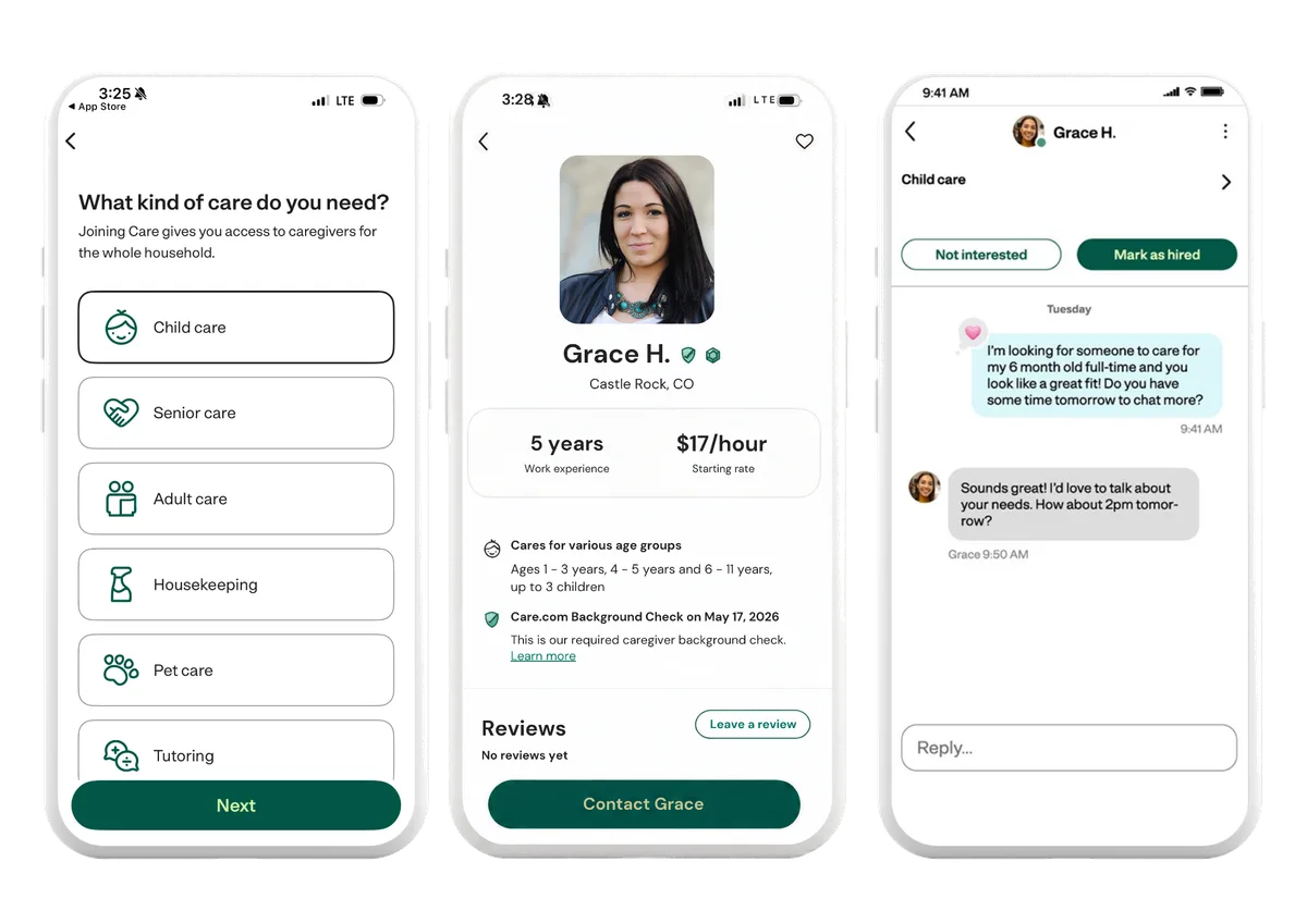 Care.com app screens showing the care type selection screen, a caregiver profile for Grace H., and a messaging conversation about hiring a caregiver