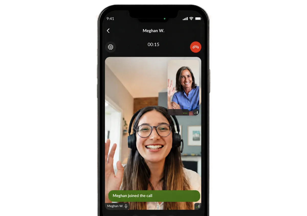 A video interview in progress on Care.com between two participants, with call controls and a 'Meghan joined the call' notification