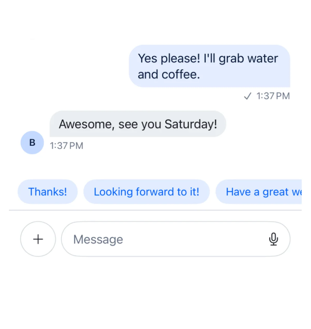 Chat interface showing smart reply suggestions