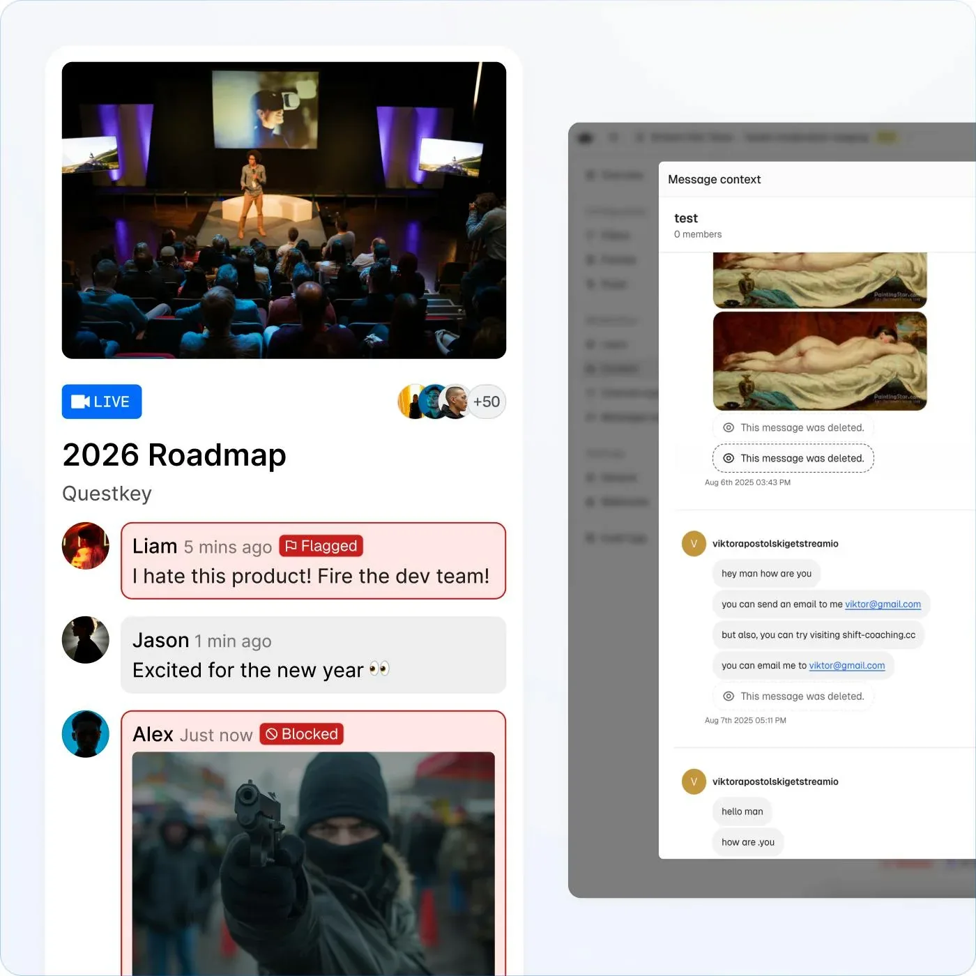 Stream content moderation dashboard showing flagged messages in a live stream