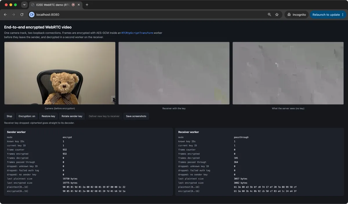 A demo showing the receiver's video freeze to gray noise right after a sender key rotation, before recovering at the next keyframe