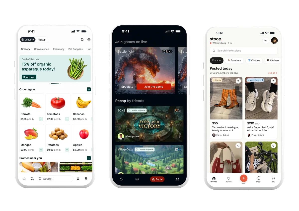 Three app screens showing different feed use cases: a grocery delivery app, a live gaming app, and a marketplace app