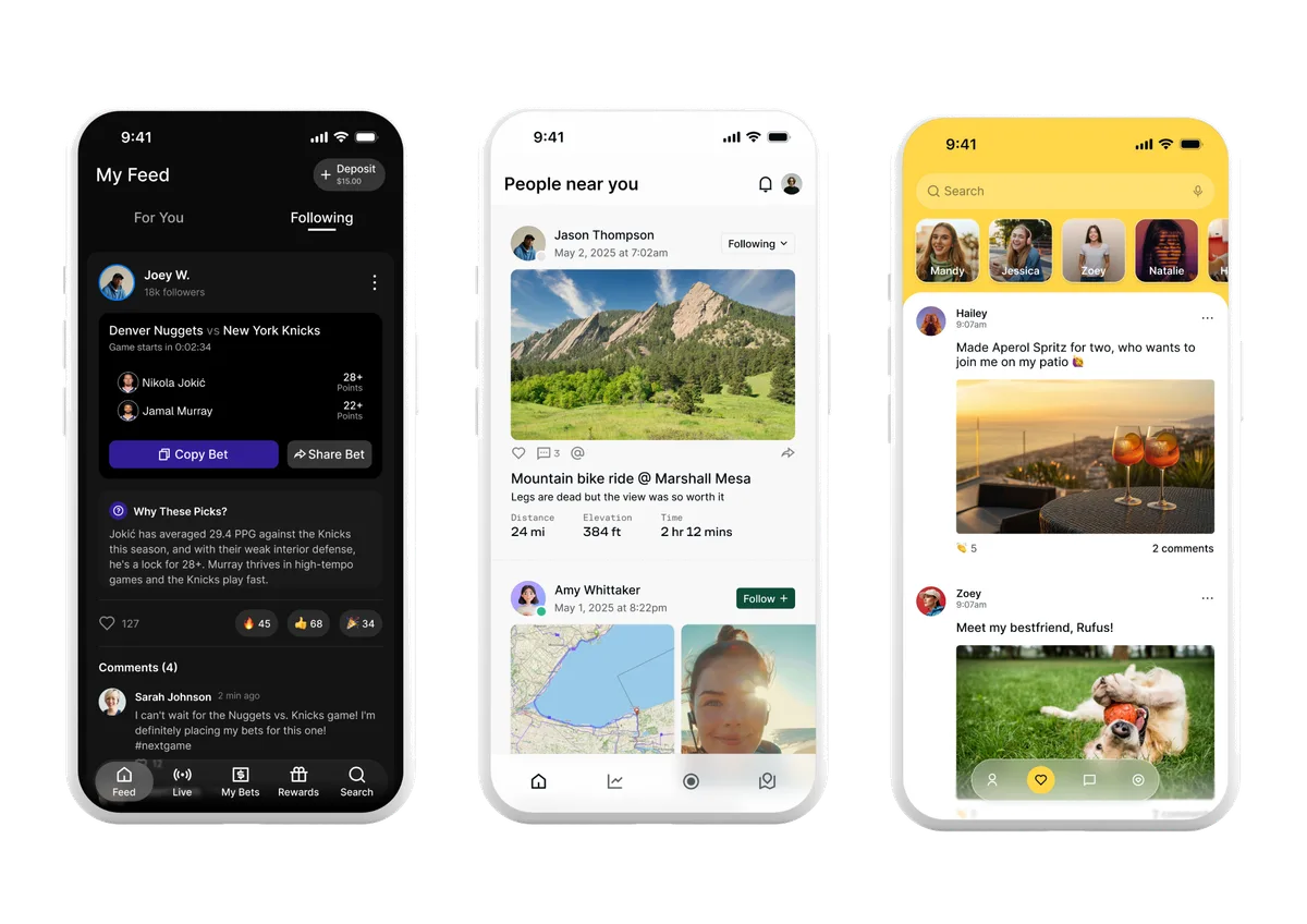 Three app screens showing personalized For You feeds, including a sports betting app, a fitness feed, and a stories-style social feed