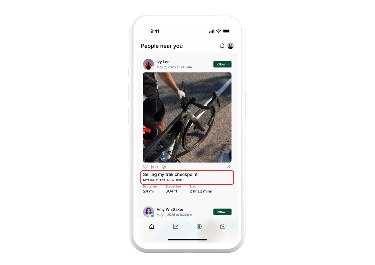 A feed post flagged for containing a phone number, highlighted for moderation review