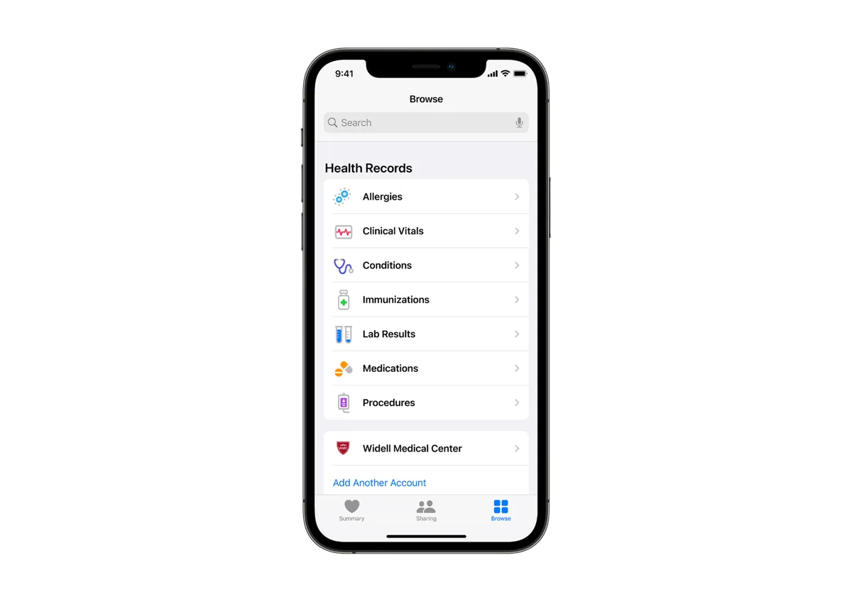 Apple Health app Browse screen showing Health Records categories including Allergies, Clinical Vitals, Conditions, Immunizations, Lab Results, Medications, and Procedures