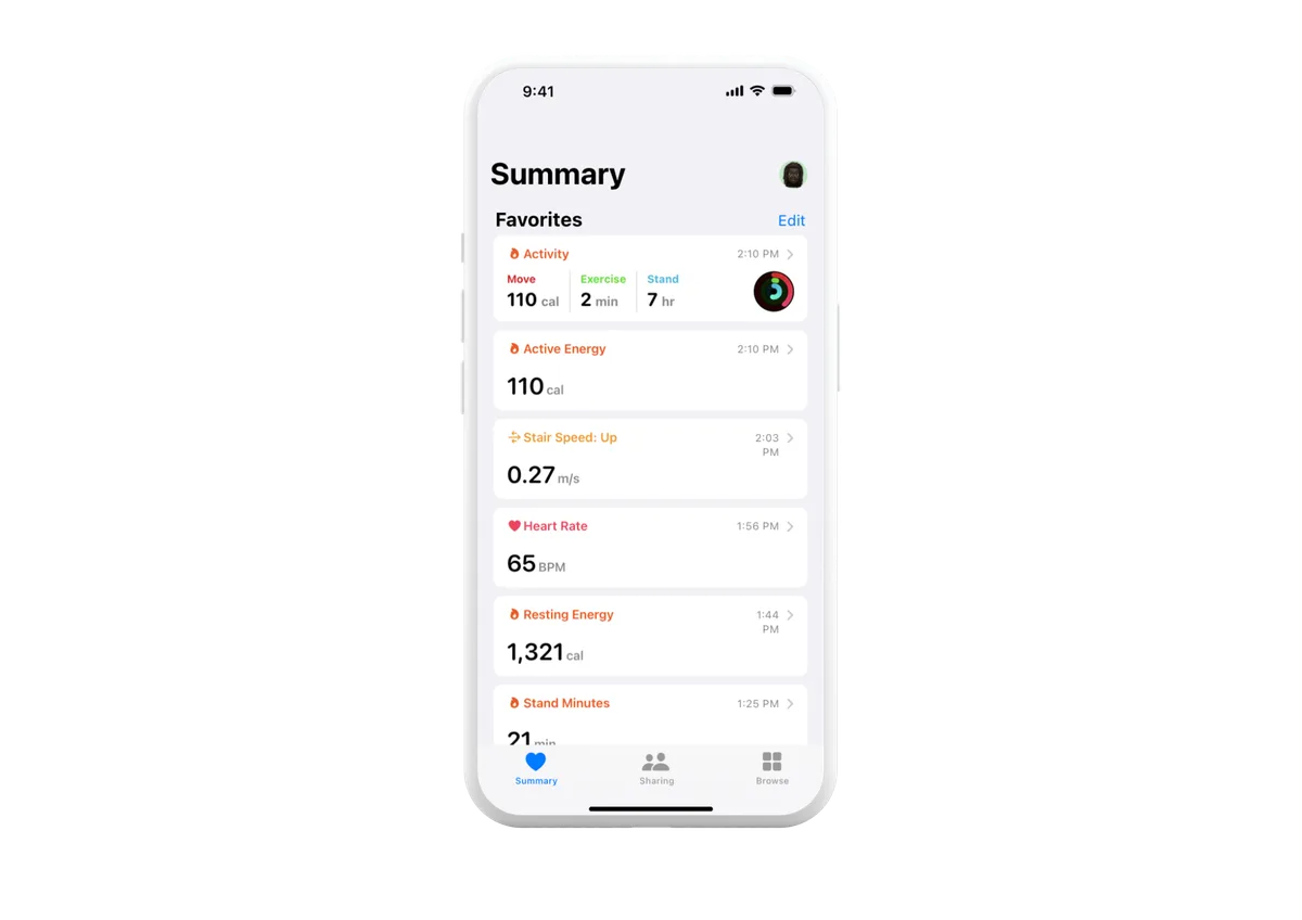Apple Health app Summary screen showing activity, heart rate, and resting energy