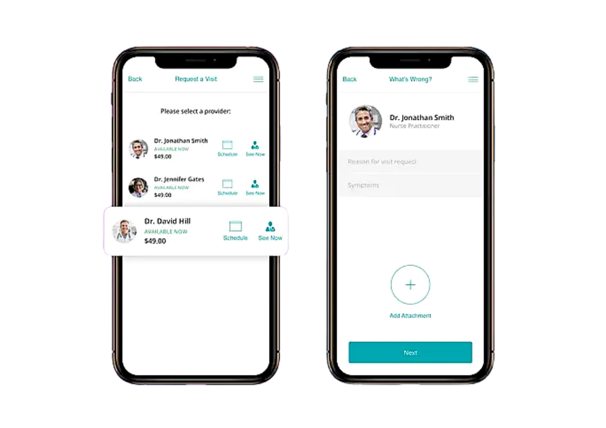 eVisit app screens showing a list of available providers to select, and an intake form asking what's wrong with an option to add an attachment