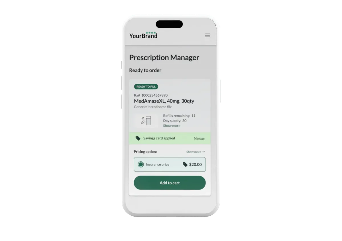 FuzeRx prescription manager app screen showing a medication ready to fill, refills remaining, and insurance pricing